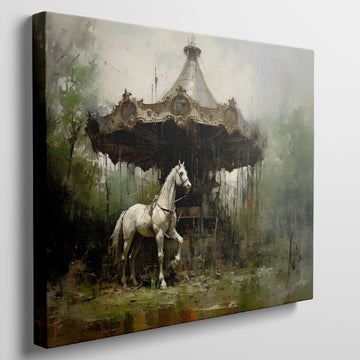 Framed canvas print of a nostalgic vintage carousel horse infront of a forgotten carousel