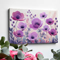 Framed canvas print of stylised anemone flowers in lavender and mauve hues