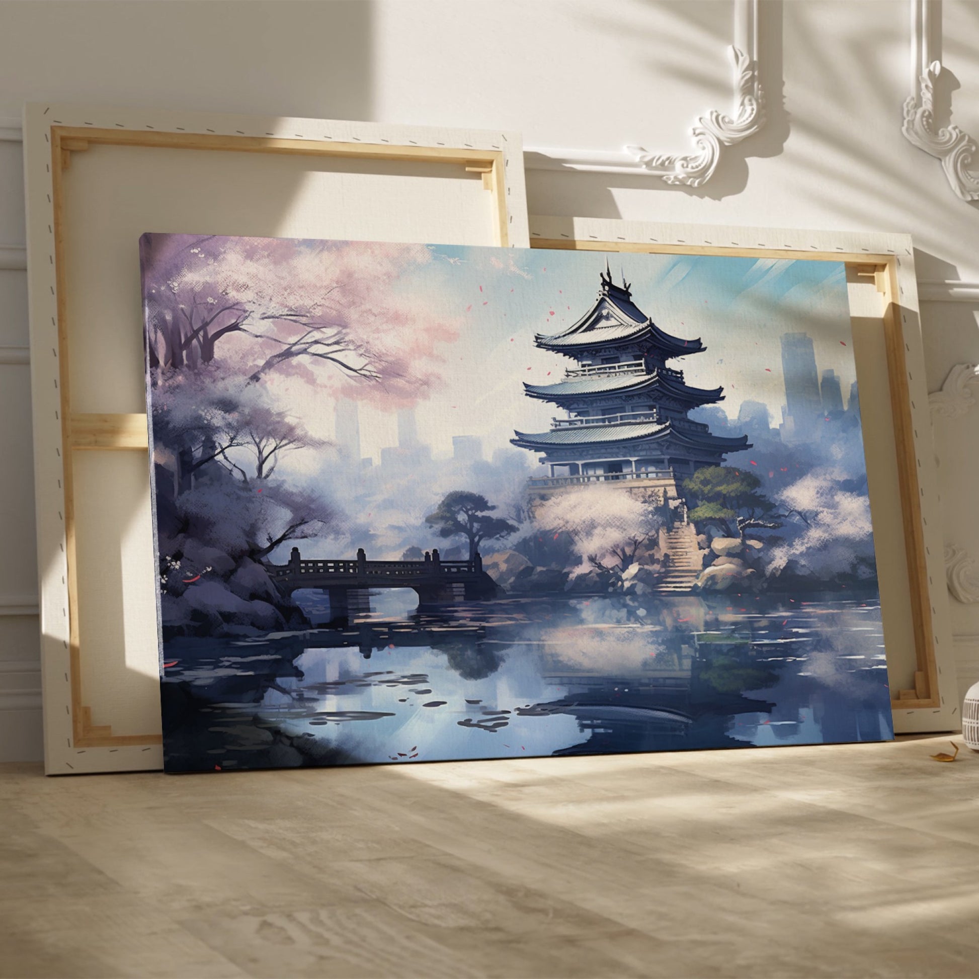 Digital painting of an Asian temple with cherry blossoms and a bridge over a reflective pond