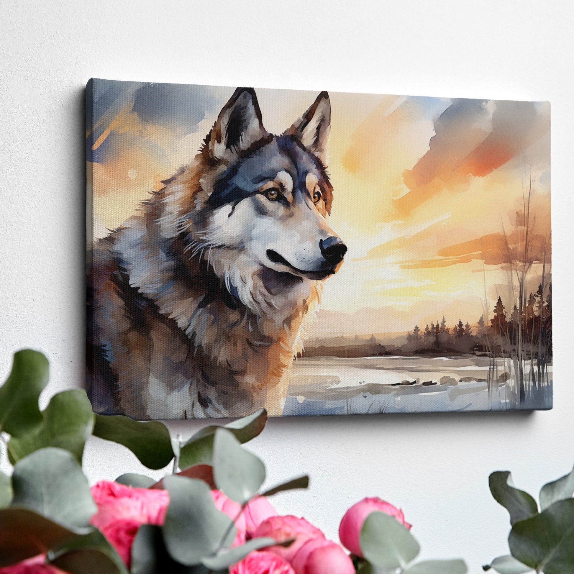 Framed canvas print of a majestic wolf in a sunset landscape with vibrant colours