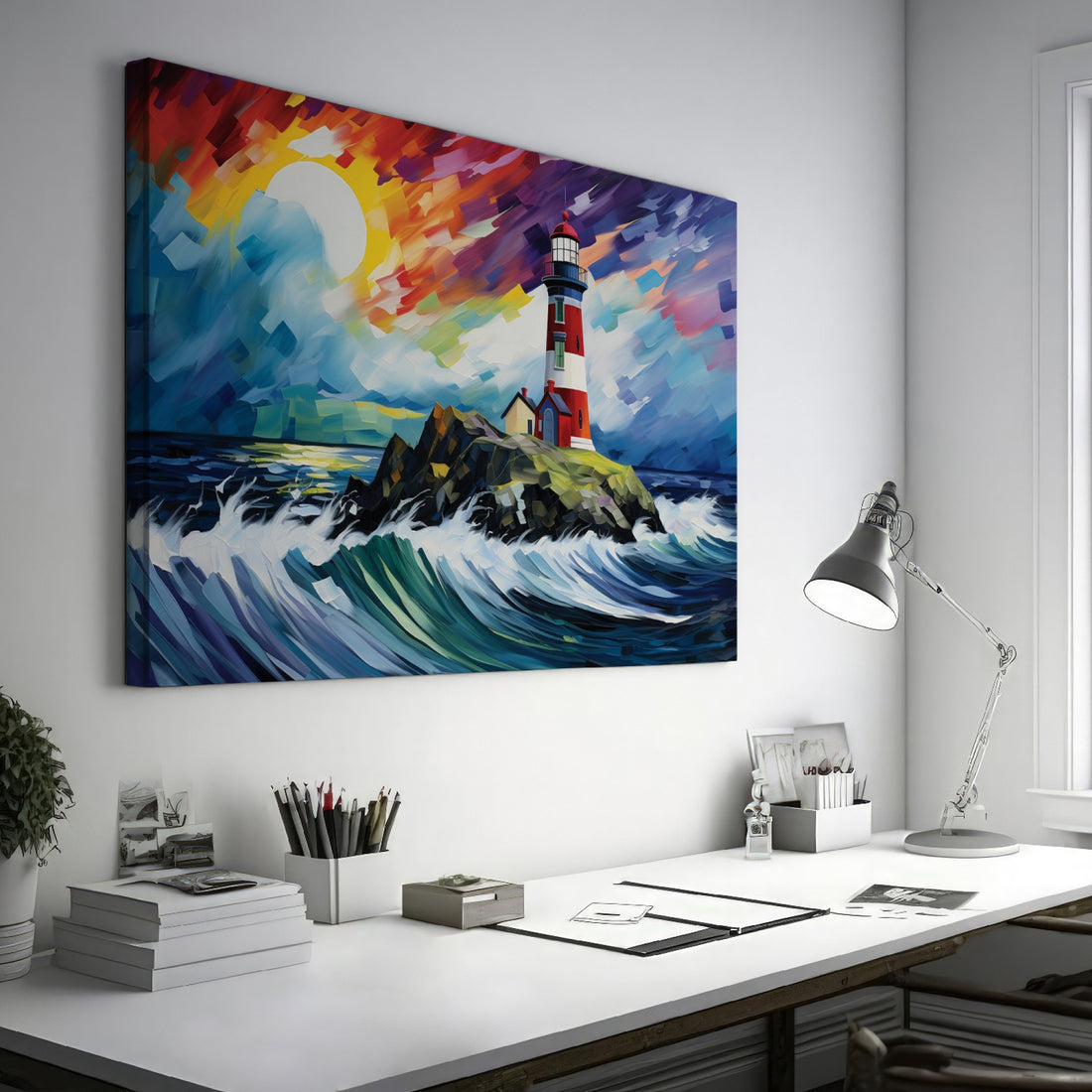 Abstract painting of a lighthouse with colorful brush strokes representing waves and sunset