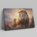 Framed canvas print of a majestic lion against a fiery sunset background