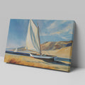 Framed canvas print of sailing boats with white sails against a backdrop of blue skies and dunes