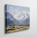 Framed canvas print of an impressionist painting featuring a snowy mountain landscape with an alpine village