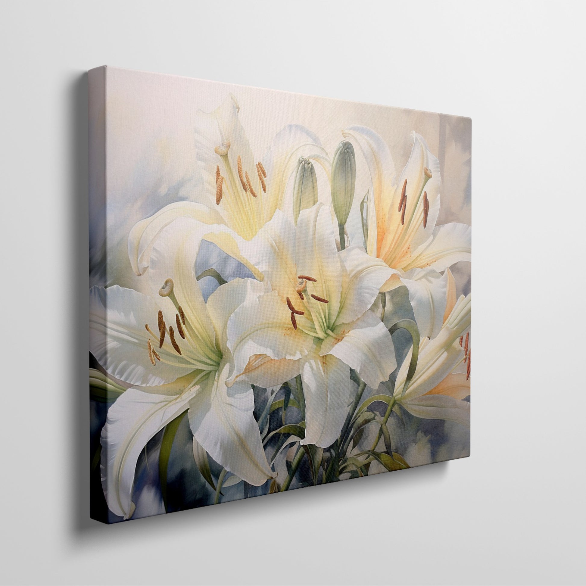 Framed canvas print of realistic white lily flowers with vibrant green foliage on a subtle background