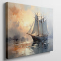 Framed canvas print of an impressionist painting featuring a sailboat against a sunset sea with warm orange and cool blue hues