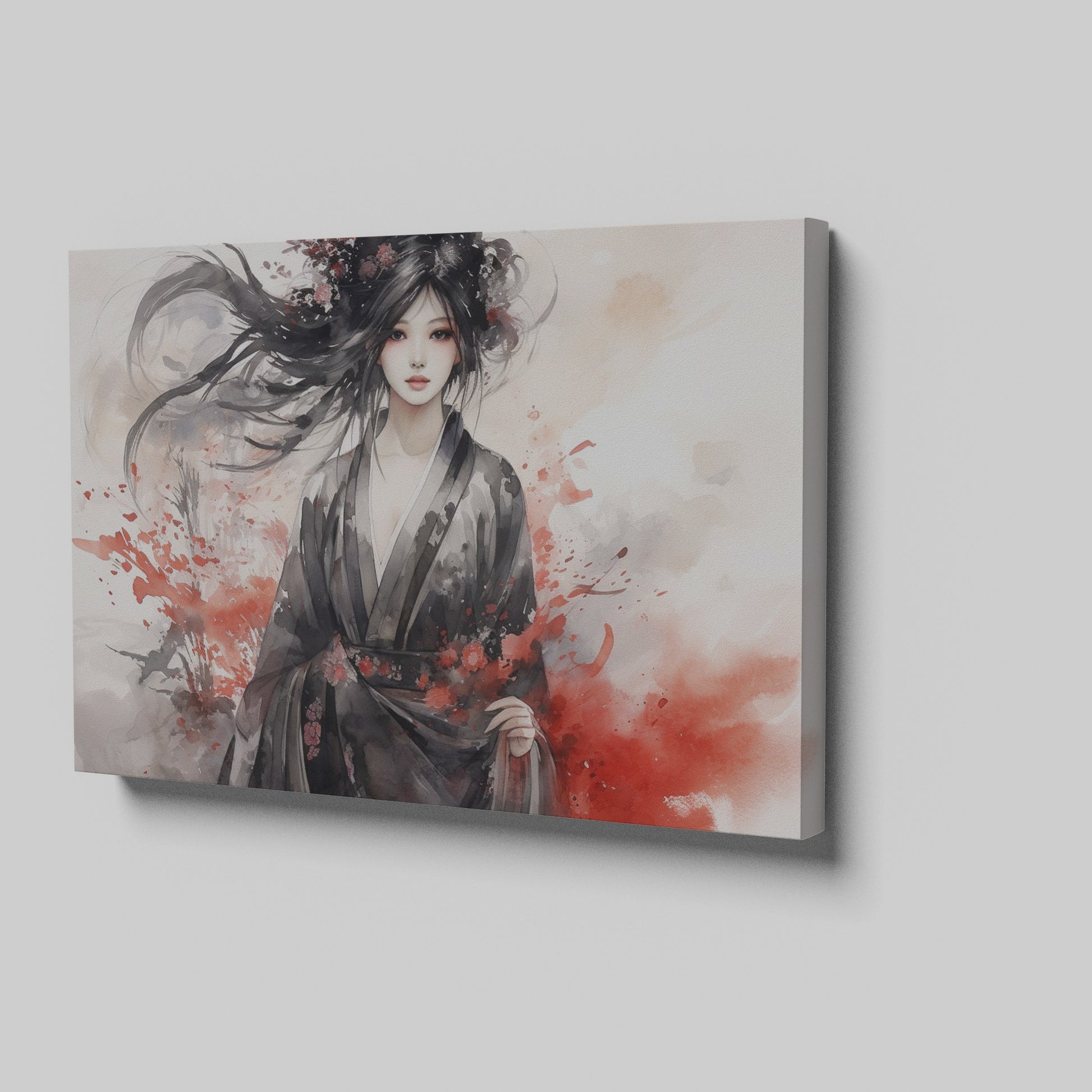 Framed canvas print of an ethereal geisha in ink and watercolour with red splashes