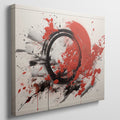 Framed canvas print of explosive red and black abstract art with dynamic splatters and bold strokes