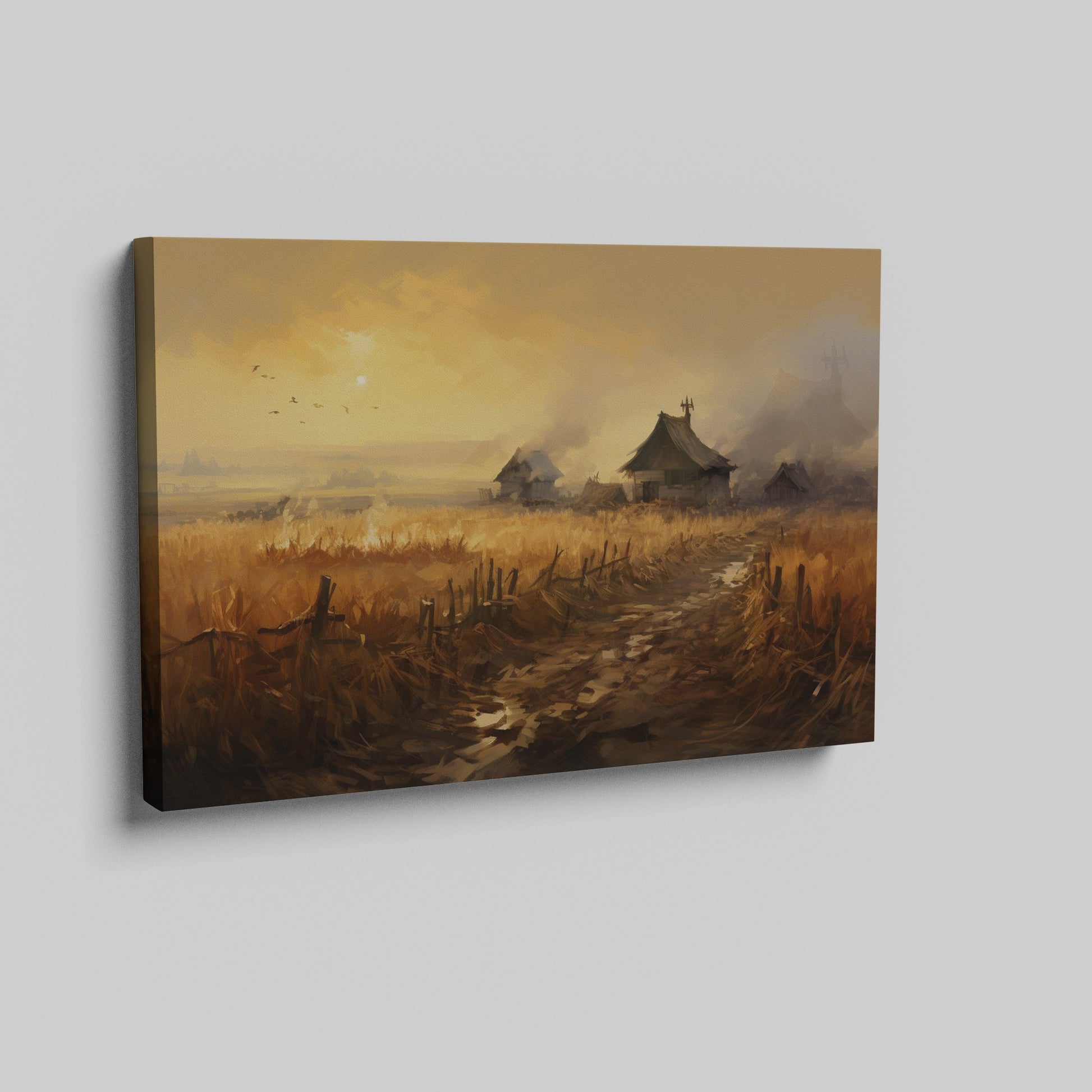 Framed canvas print of a rustic countryside at sunset with golden fields and cottages