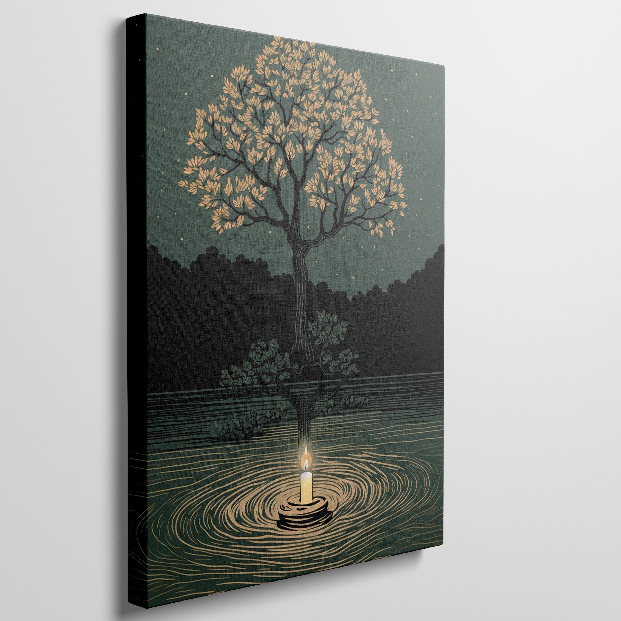 Framed canvas print of a candle's glow reflecting in water under a tree with golden leaves and a starry night