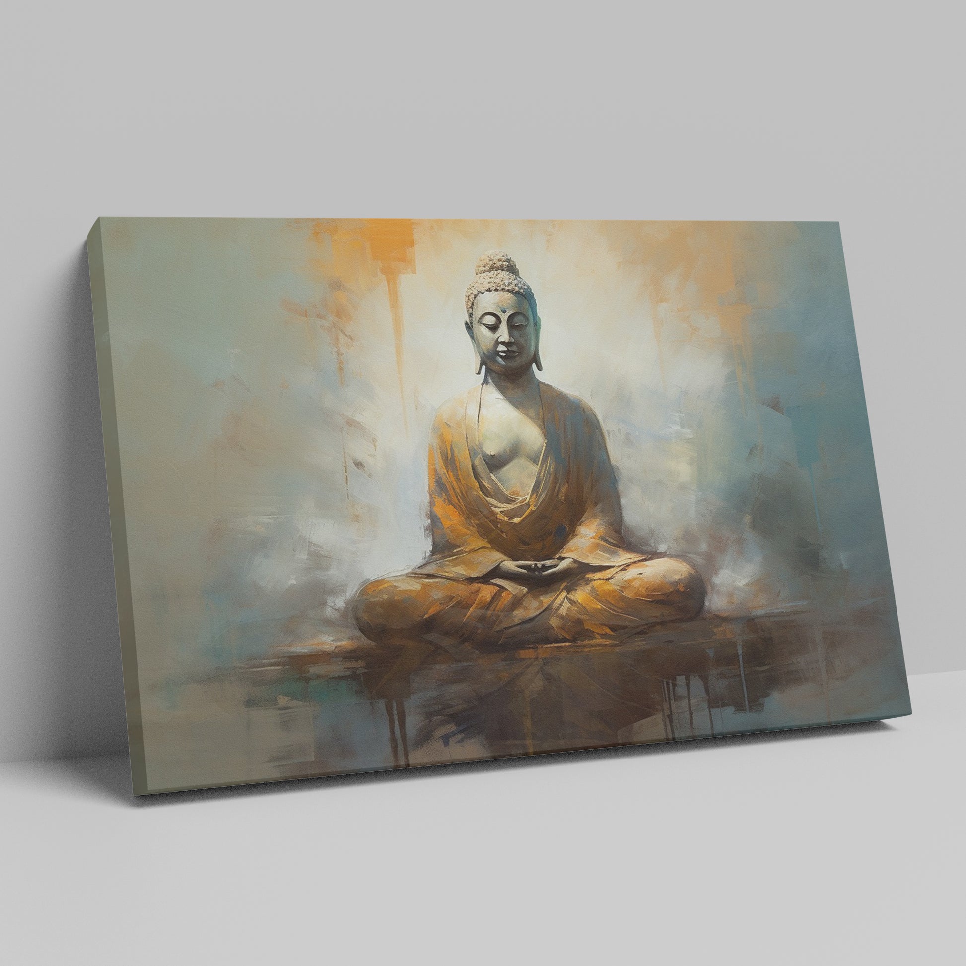 Framed canvas print of serene Buddha in meditation with abstract warm background