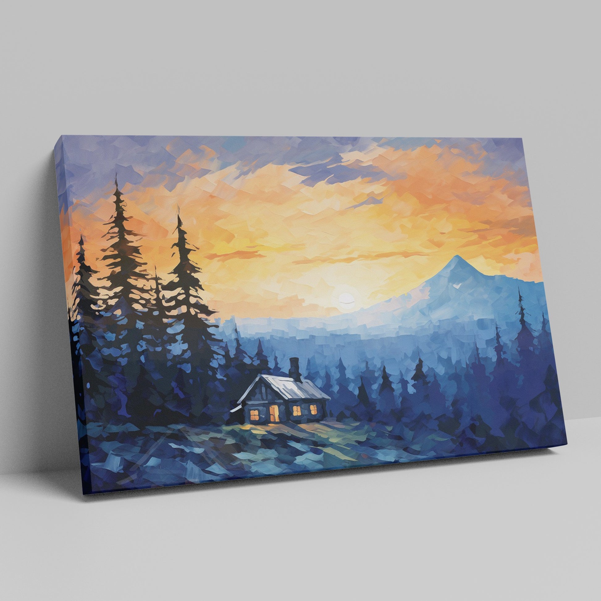 Framed canvas print of a mountain sunrise with a rustic cabin amongst pine trees