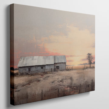 Framed canvas print of a rustic barn surrounded by tranquil fields at sunset, with warm golden and earthy tones.