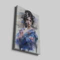 Framed canvas print of a watercolor painting depicting an elegant Geisha in a floral kimono