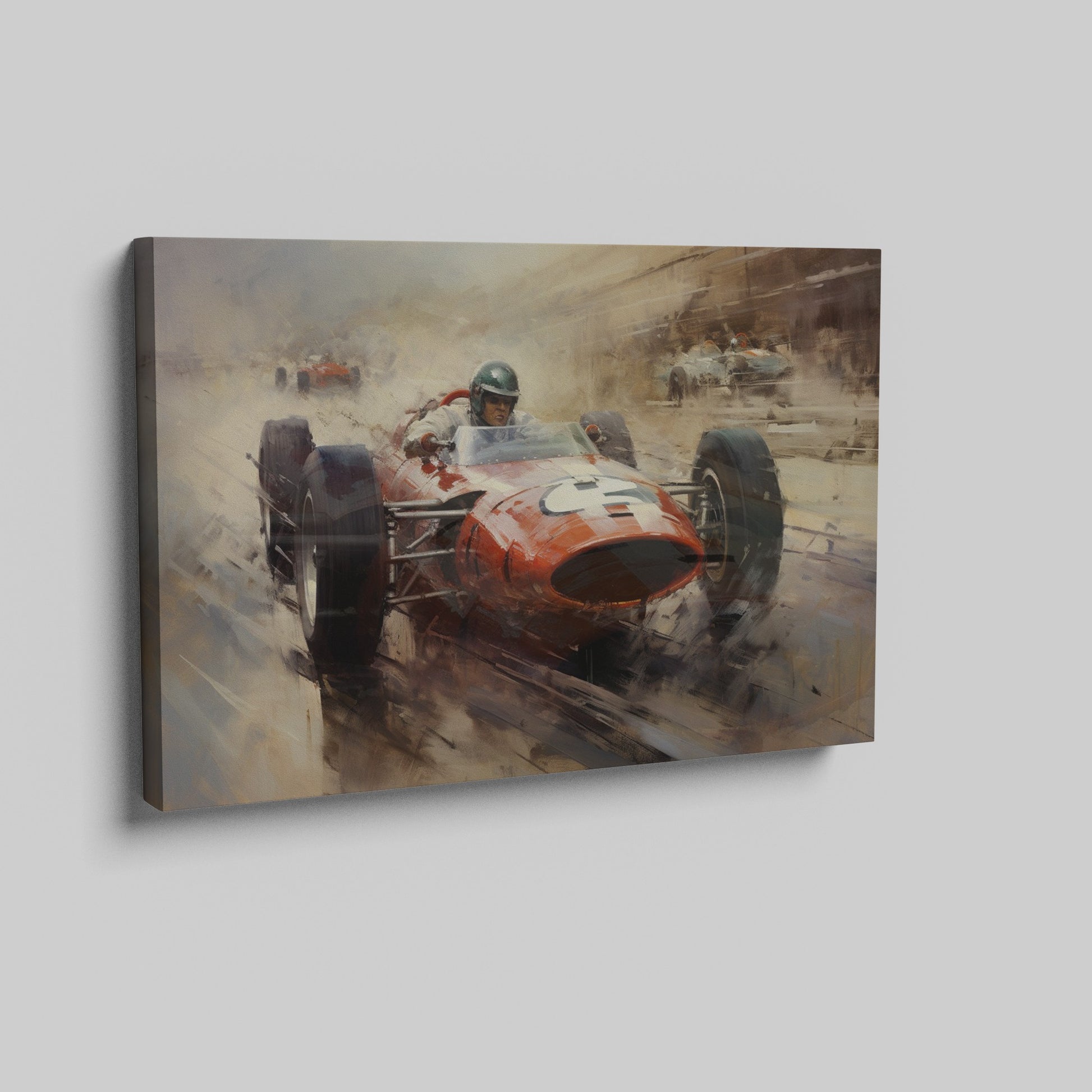 Framed canvas print of a classic Formula One race with vibrant orange racecar in dynamic motion