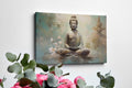 Framed canvas print of serene Buddha in meditation with pastel colours and cherry blossoms