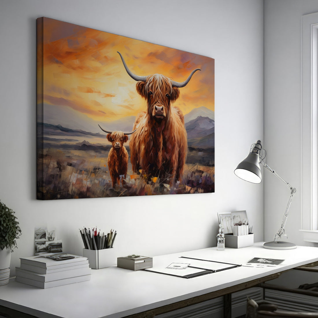 Framed canvas print of a Highland Cow and Calf against a vivid sunset landscape