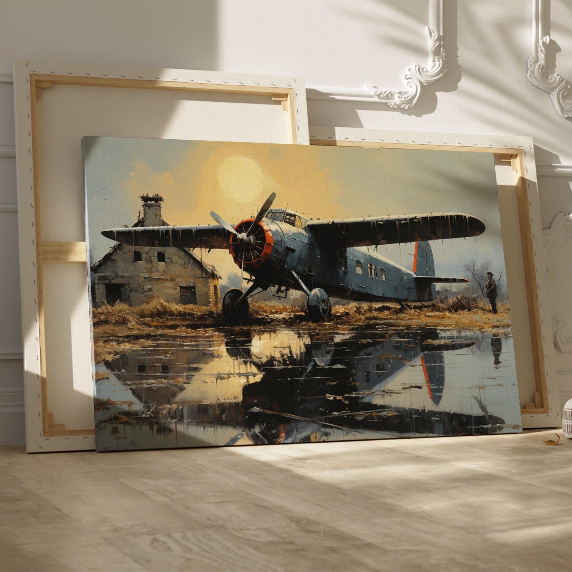 Framed canvas print of vintage airplane with warm sunset reflection on airfield