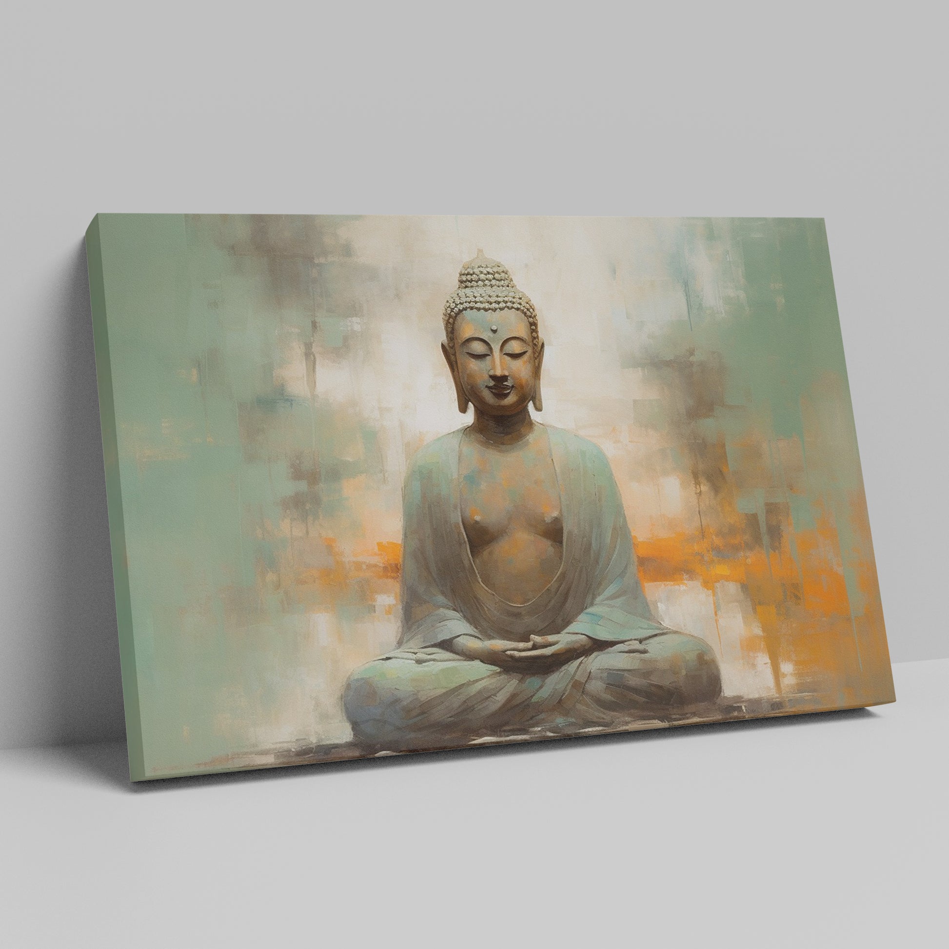 Framed canvas print of serene Buddha in meditation with abstract earthy background