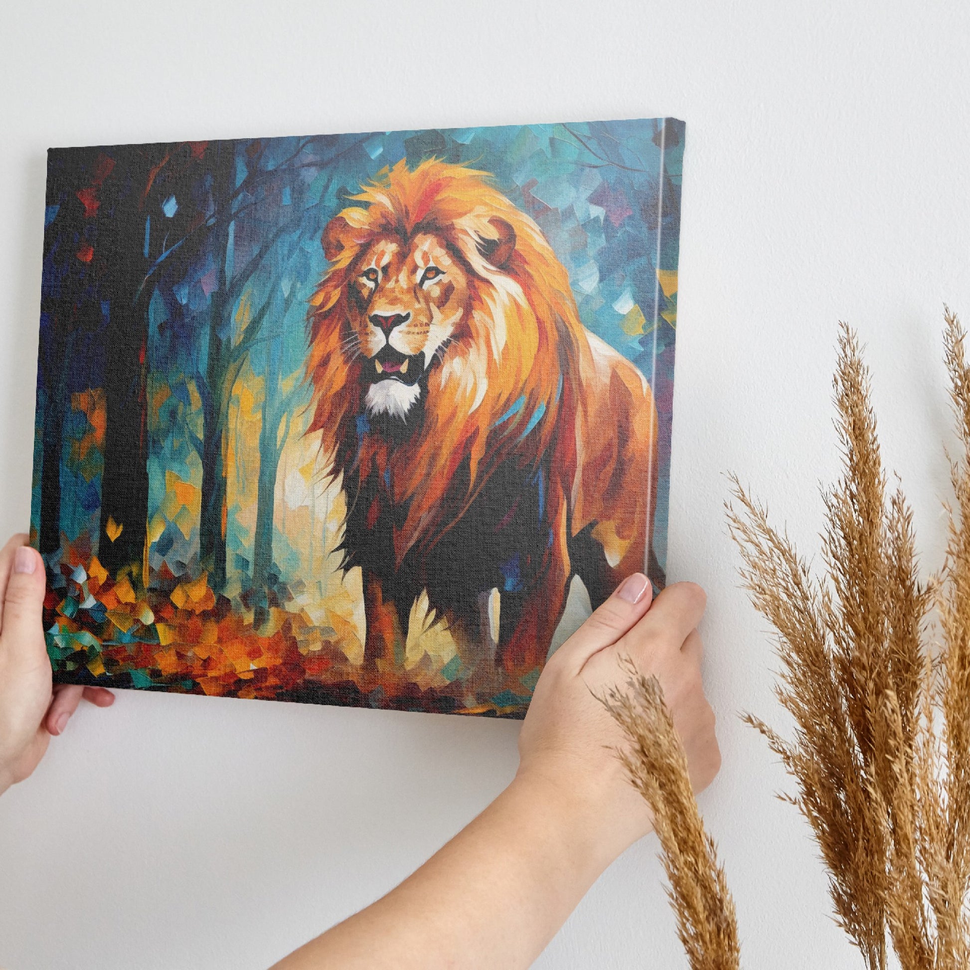 Framed canvas print of an abstract geometric lion in a vibrant autumn forest