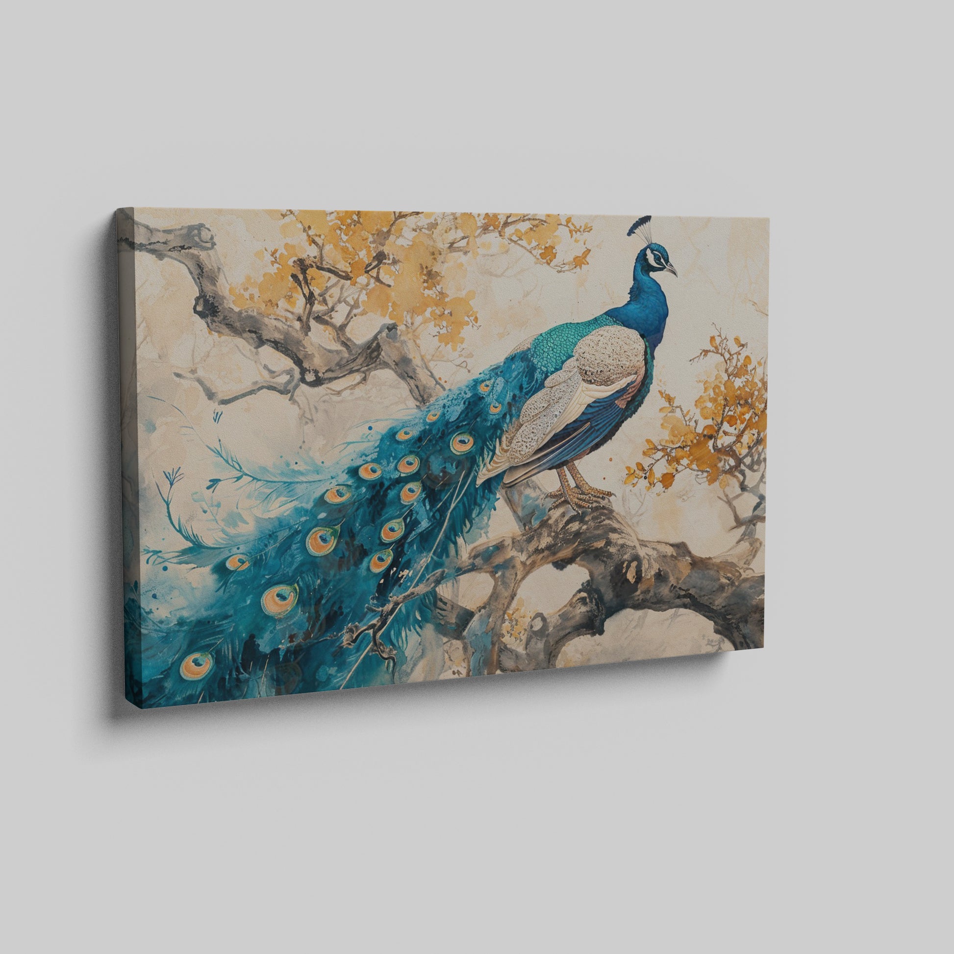 Framed canvas print of a peacock on a tree with autumn leaves