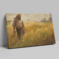 Framed canvas print of a man walking through a golden wheat field during sunset with a rustic feel