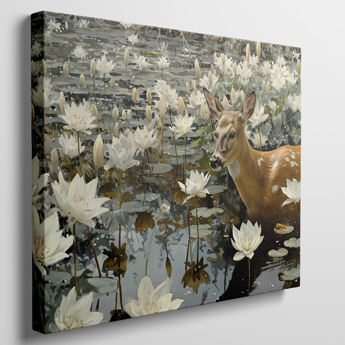 Framed canvas print of a realistic deer in a lotus pond with serene whites and greens