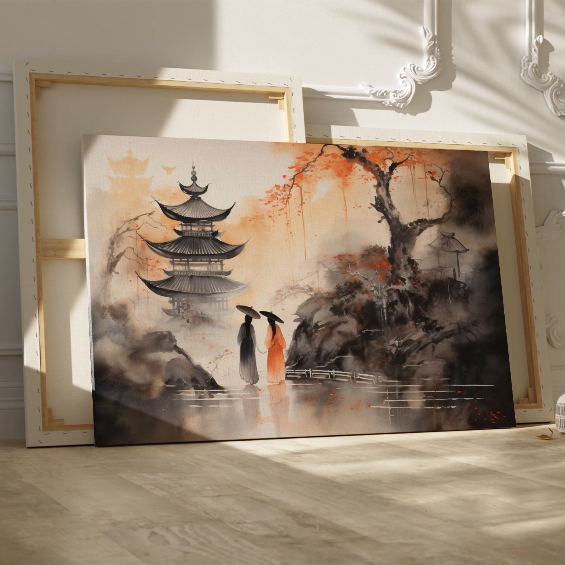 Framed canvas print of traditional Oriental scene with pagodas, cherry blossoms, and ink wash painting style