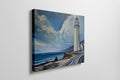 Framed canvas print of a coastal lighthouse with vibrant blue skies and ocean