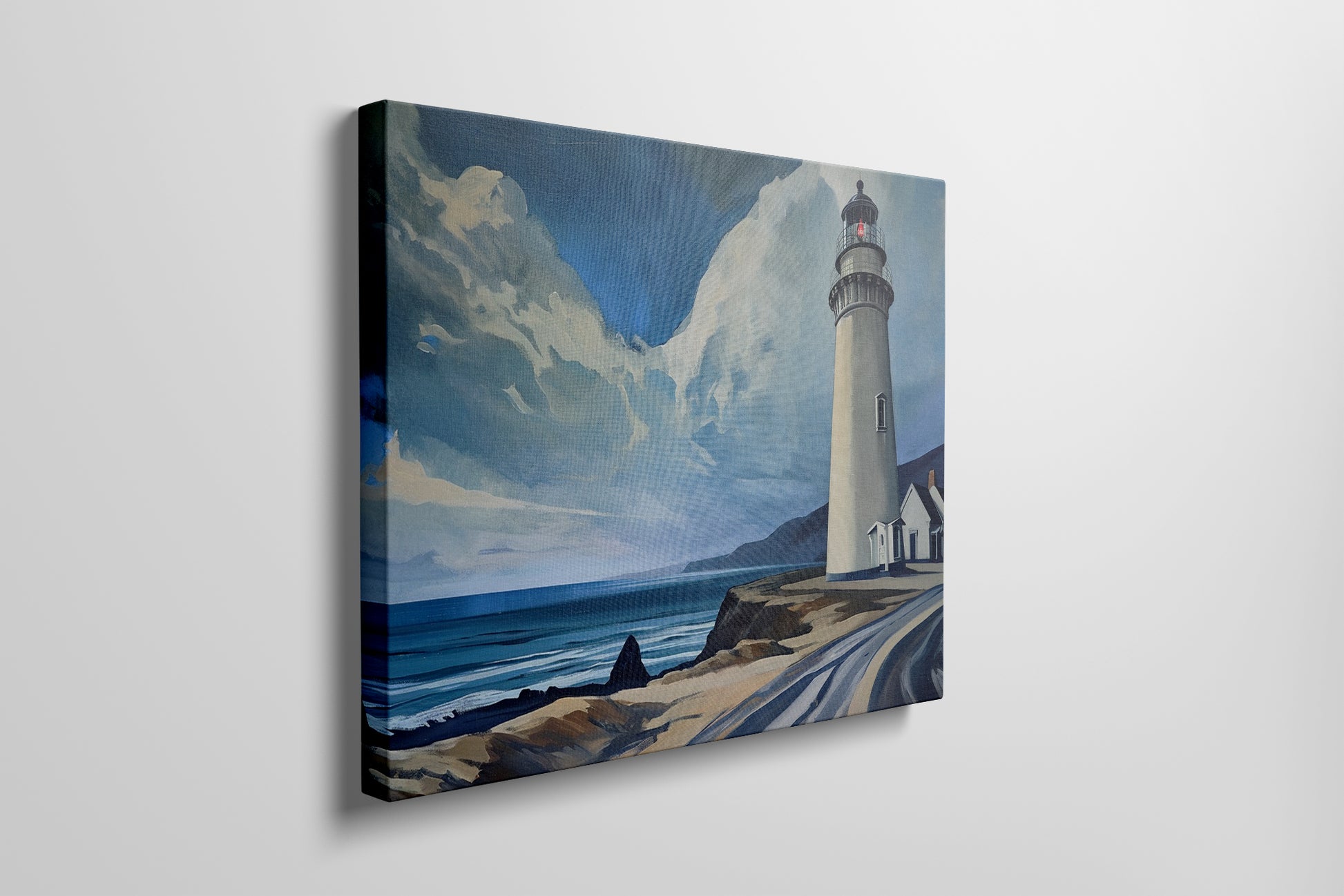 Framed canvas print of a coastal lighthouse with vibrant blue skies and ocean