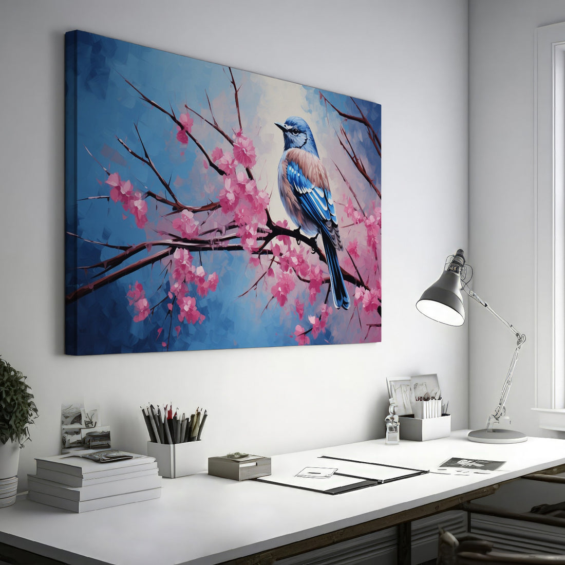 Framed canvas print of a bluebird perched on cherry blossom branches, with vibrant blue and pink hues