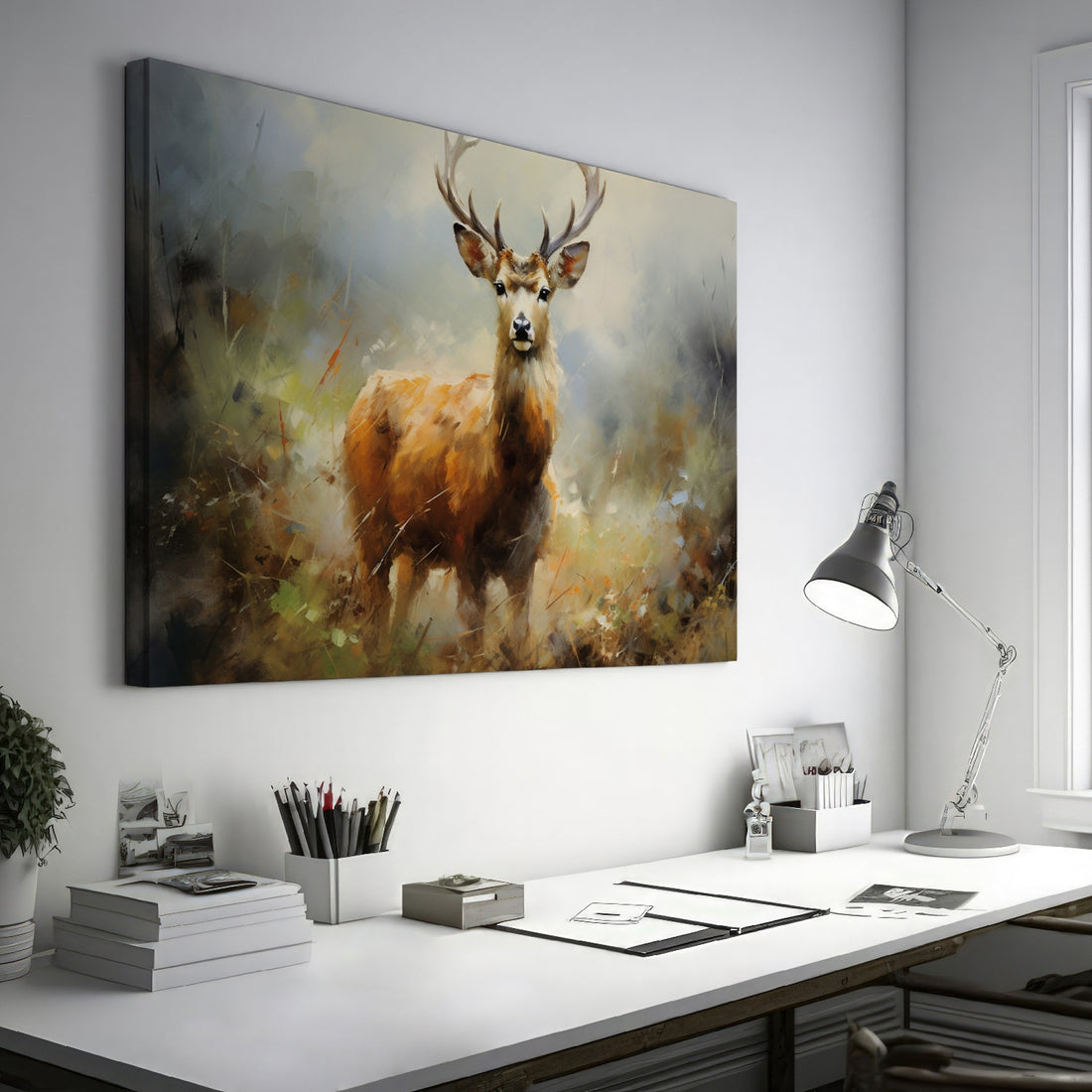 Impressionistic canvas art of a stag with prominent antlers in autumnal tones of brown and beige
