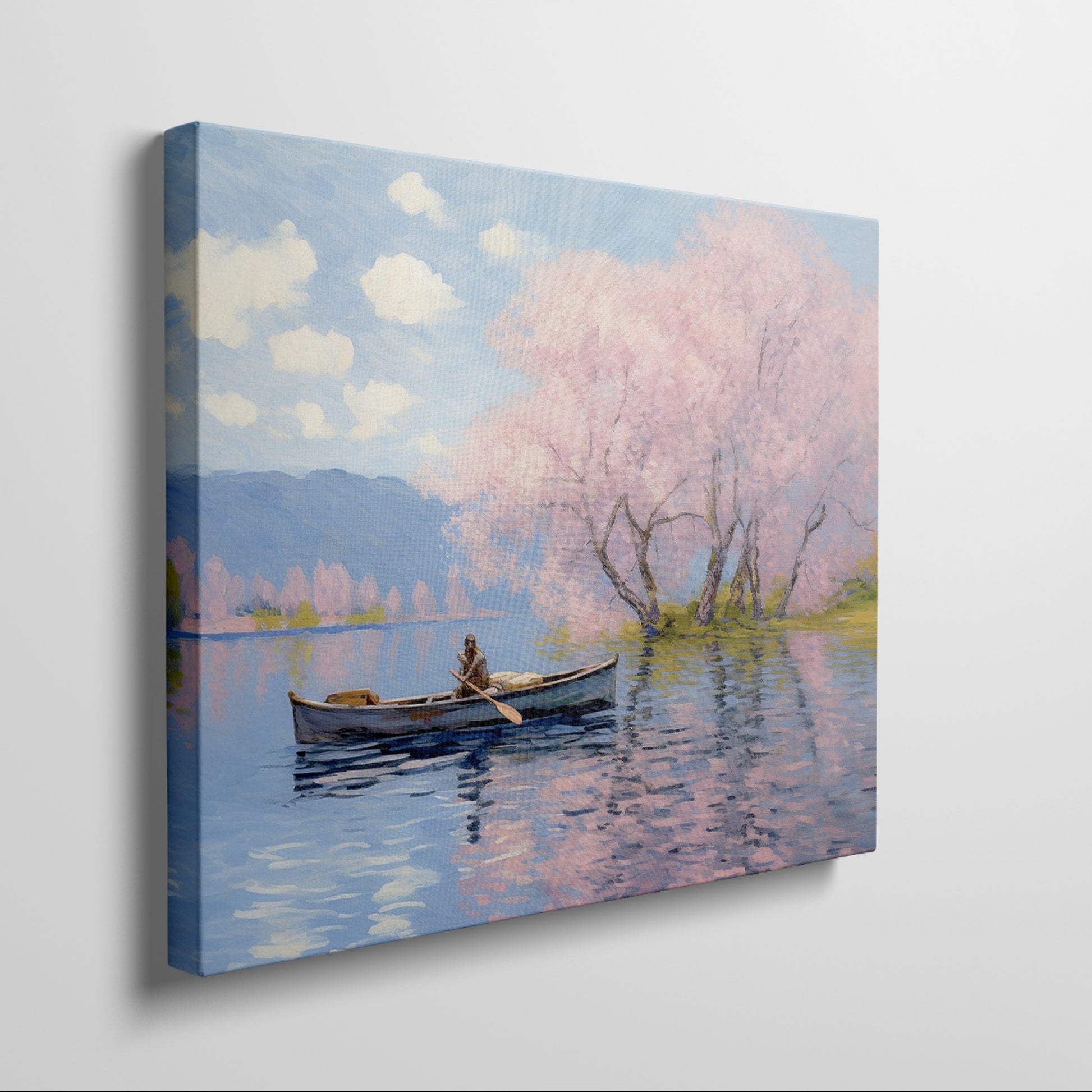 Framed canvas print of Impressionist-style cherry blossoms over a lake with a rowboat