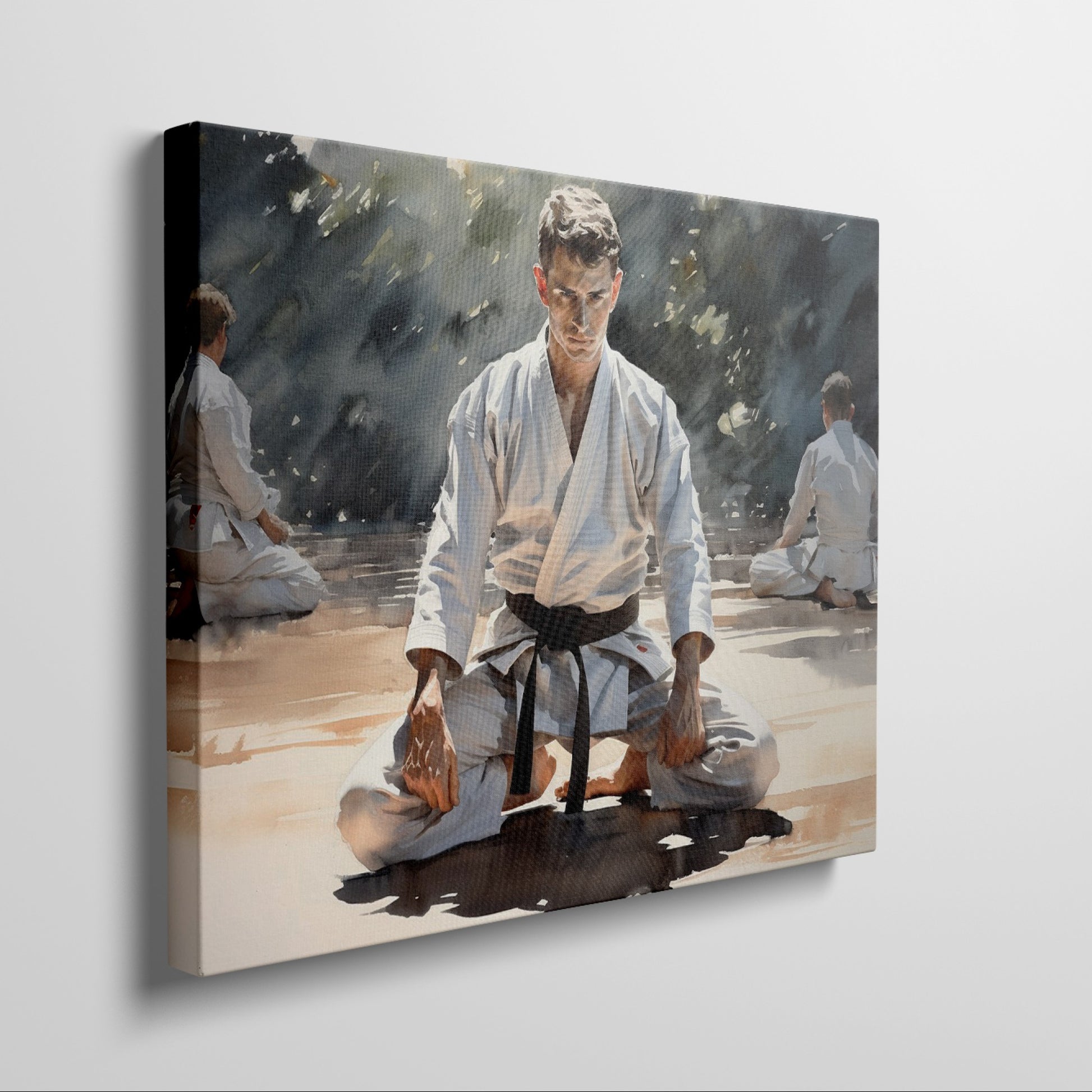 Framed canvas print of martial artists in meditation at a dojo