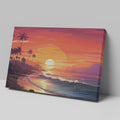 Framed canvas print of a digital tropical sunset with palm trees and ocean waves