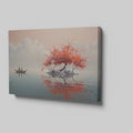 Framed canvas print of a tranquil lake with cherry blossoms and boat