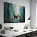 Framed canvas print of two stags in a sunlit, enchanted forest