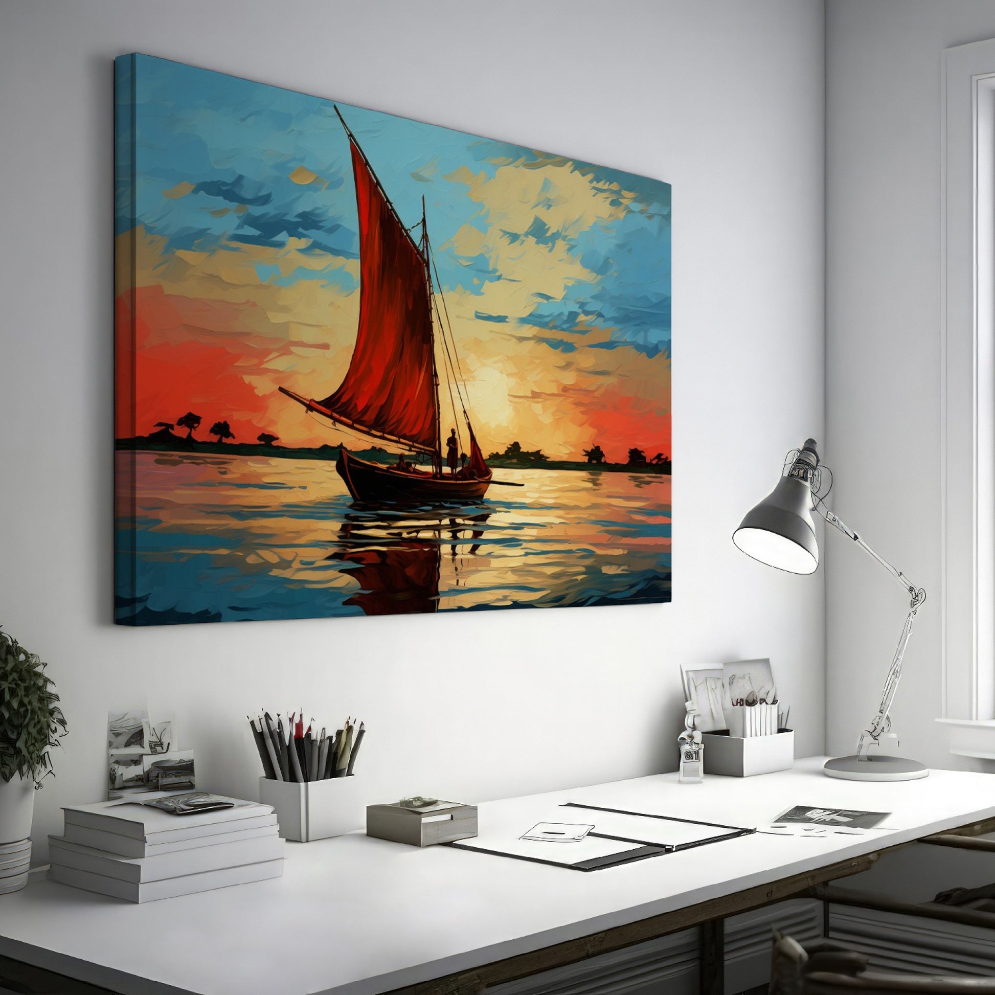 Impressionist style painting of a sailboat with a red sail on calm waters at sunset with vibrant blue and orange sky