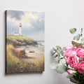 Framed canvas print of an Impressionist painting depicting a lighthouse on a seaside cliff with vivid wildflowers