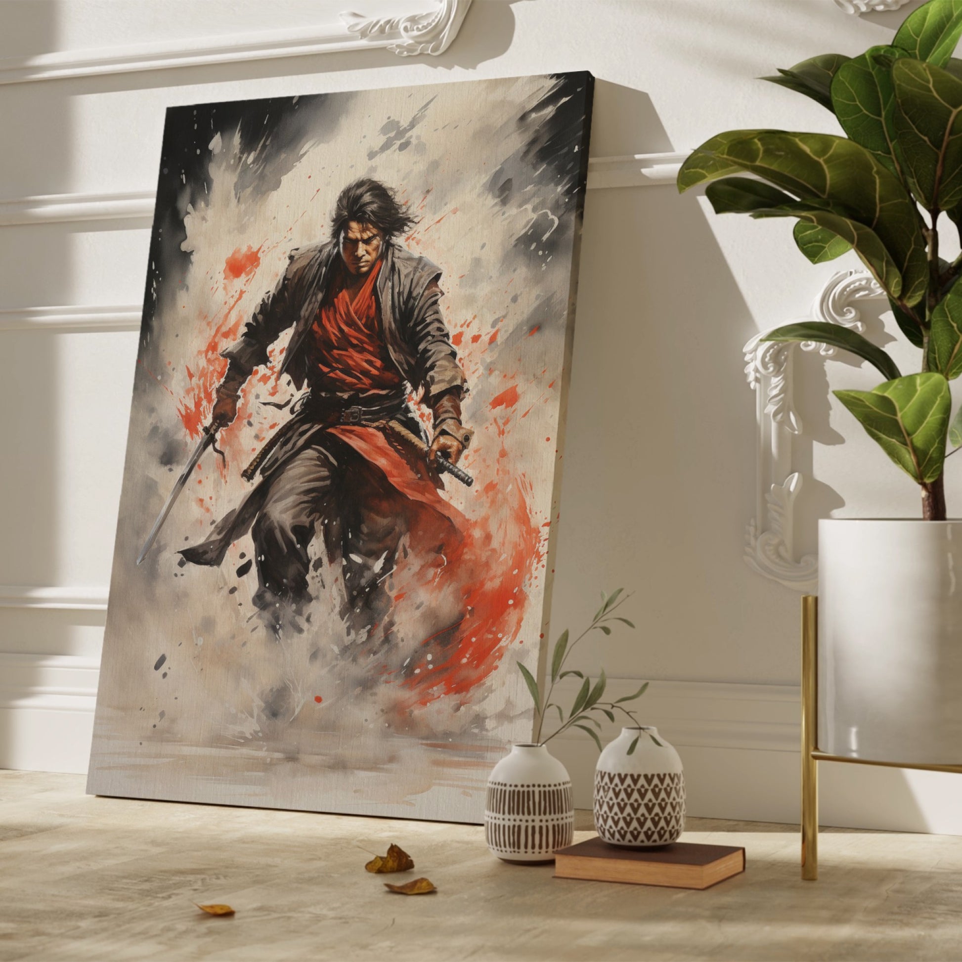 Framed canvas print of a dynamic Samurai warrior in watercolour style with vibrant red accents