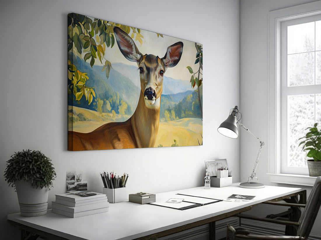 Framed canvas print of a realistic deer in a serene countryside setting with lush foliage