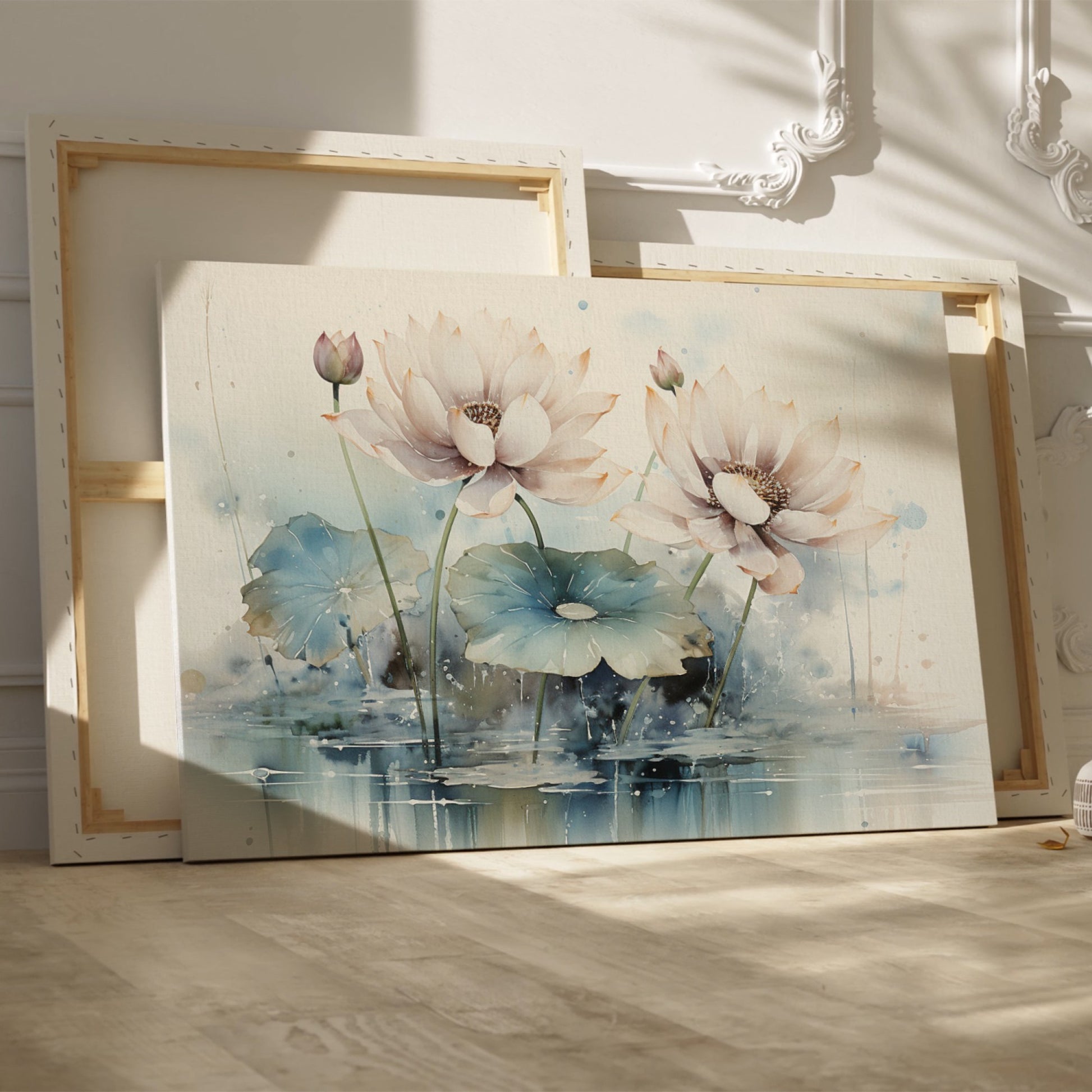 Framed canvas print of watercolour lotus flowers with pastel pink and blue tones