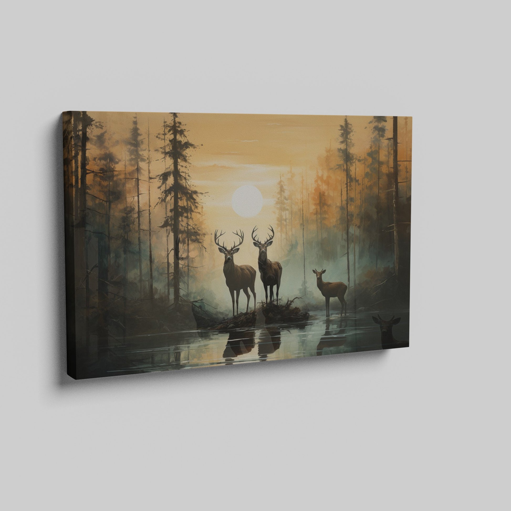 Framed canvas print of deer silhouetted against a forest sunset with reflections on water