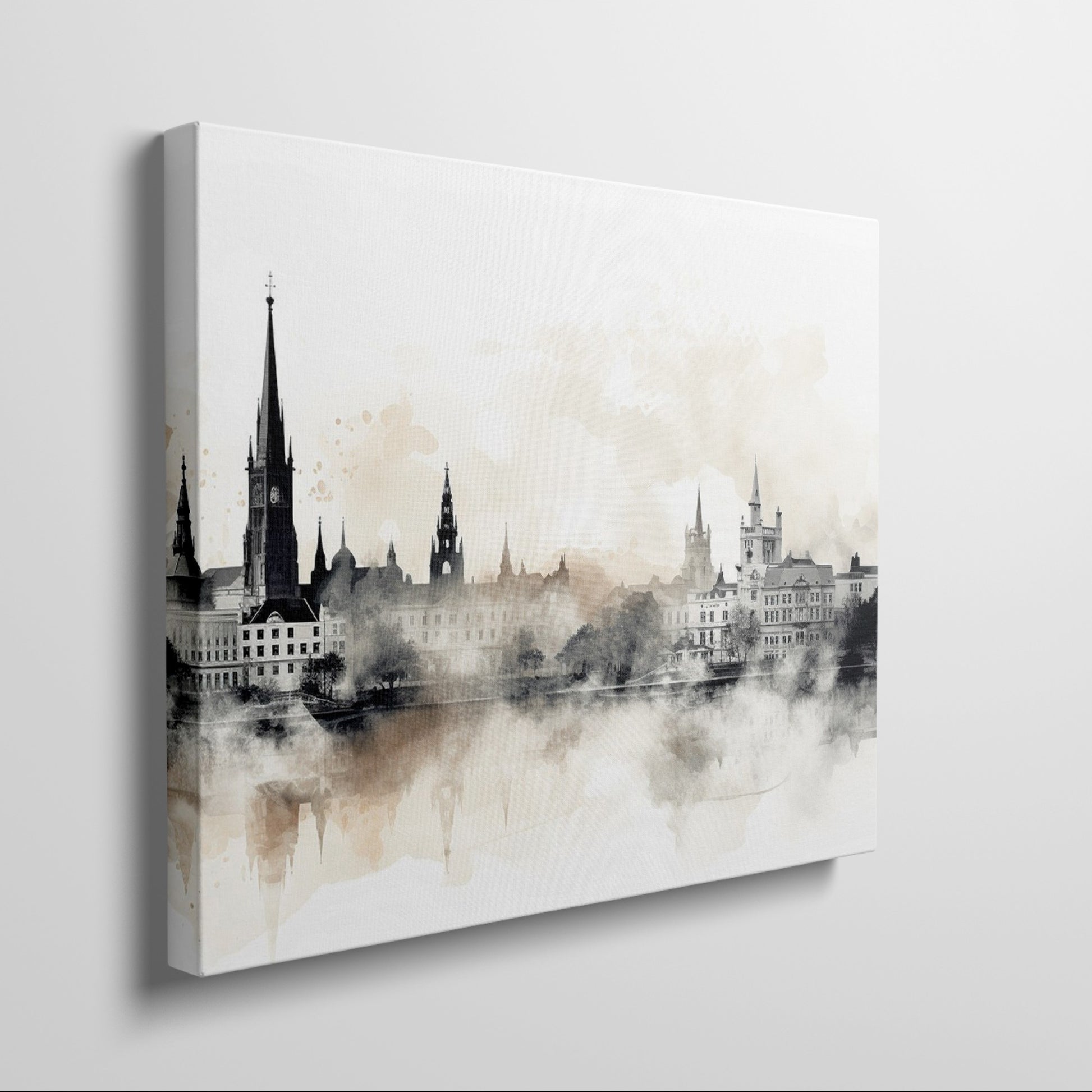 Framed canvas print of a monochromatic sepia cityscape with watercolor and reflection effects