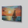 Framed canvas print of a tropical sunset with a sailboat and palm trees