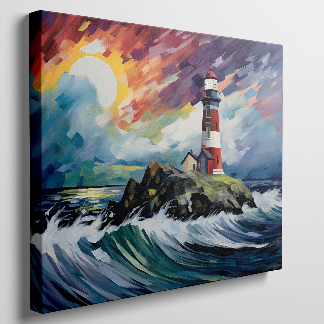 Abstract painting of a lighthouse with colorful brush strokes representing waves and sunset