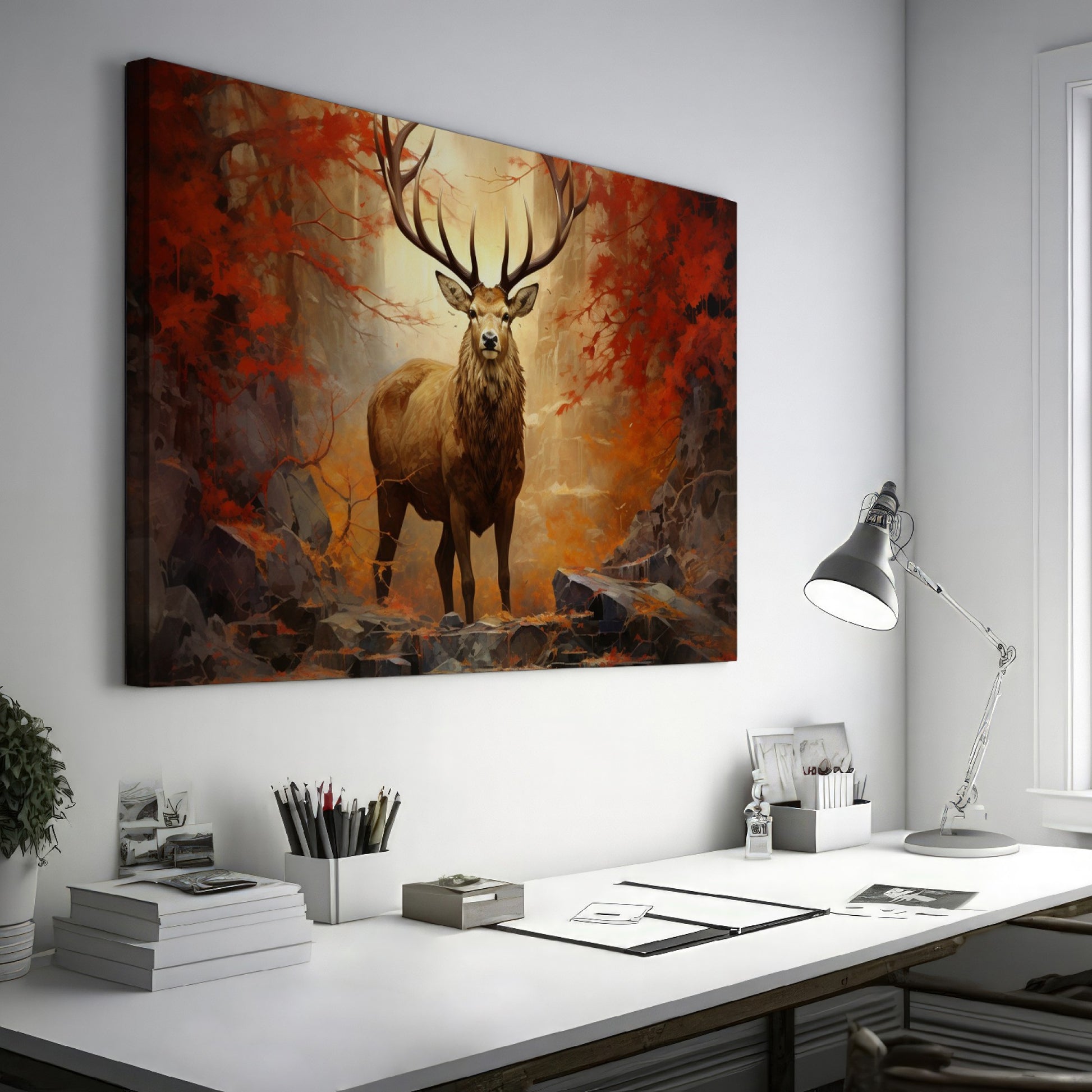 Framed canvas print of a majestic stag in an autumn forest with fiery red leaves