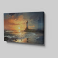 Framed canvas print of an impressionistic lighthouse seascape with vibrant sunset hues