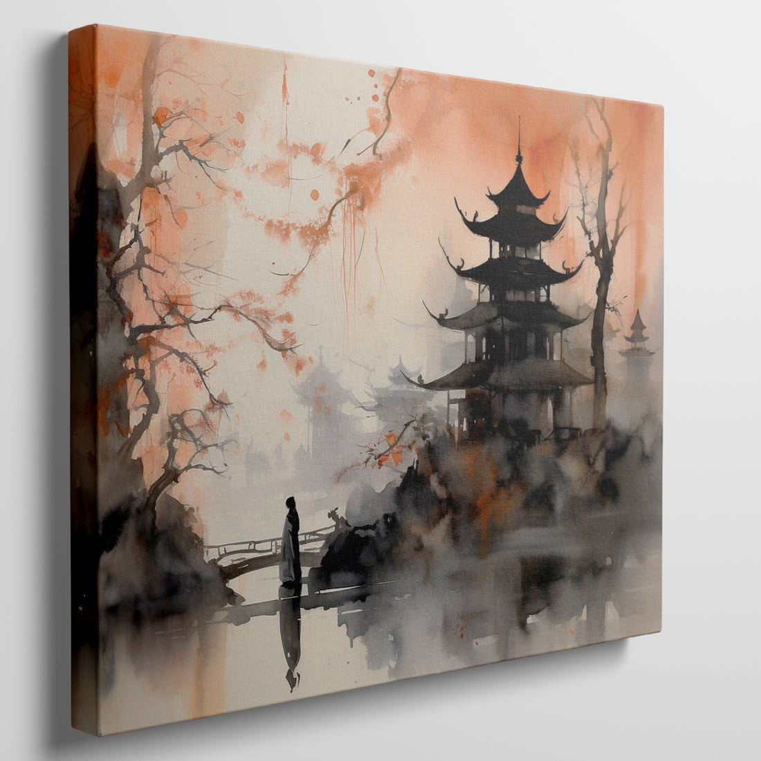 Framed canvas print of Oriental landscape with a pagoda and person on a bridge in misty watercolour technique