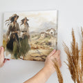 Impressionistic painting of two women in traditional dresses with a countryside backdrop.